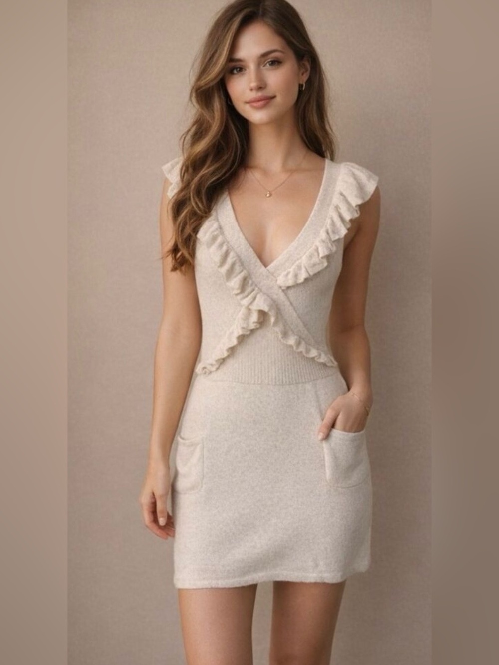 Moth Anthropologie Oatmeal Knit Sweater Dress Ruffle Surplice V Neck Pockets XS